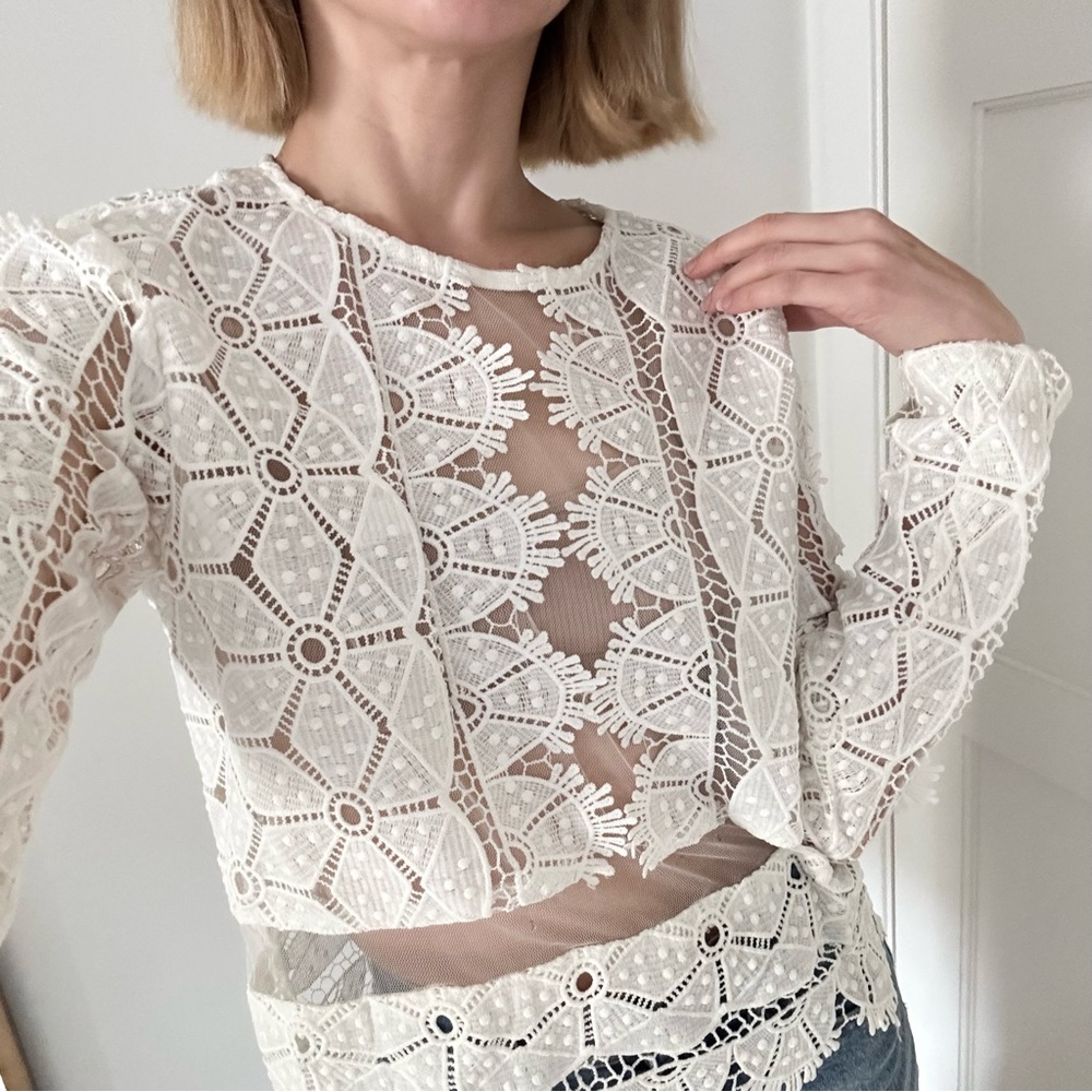 Lace and Mesh Long Sleeve Top